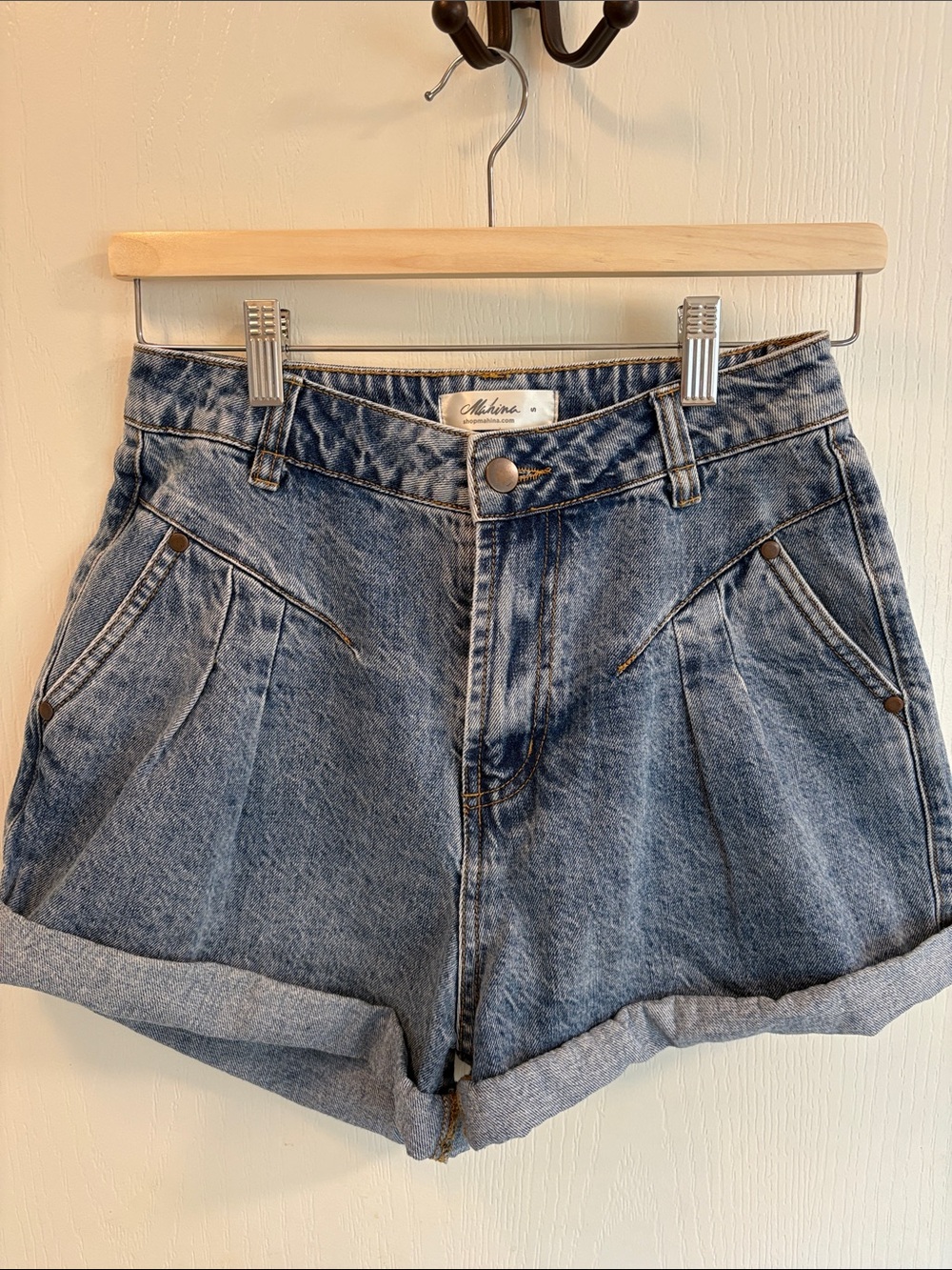 mahina Washed Denim High-Rise Rolled Hem Shorts - Blue